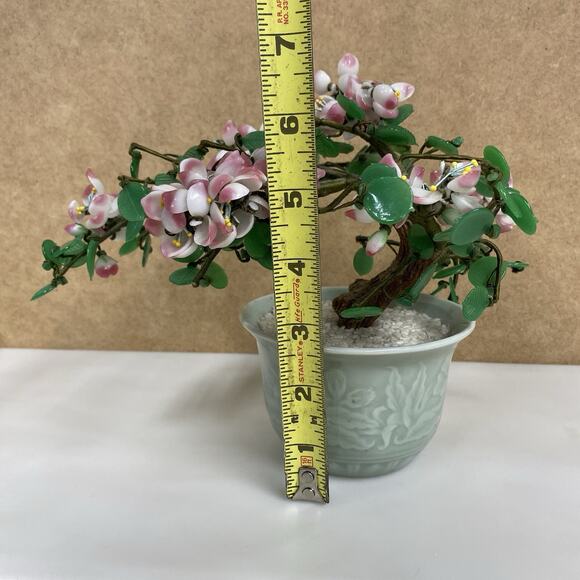 Vtg Chinese Bonsai Flower Tree Celadon Pot Cherry Blossom Home Decor - Picture 8 of 9